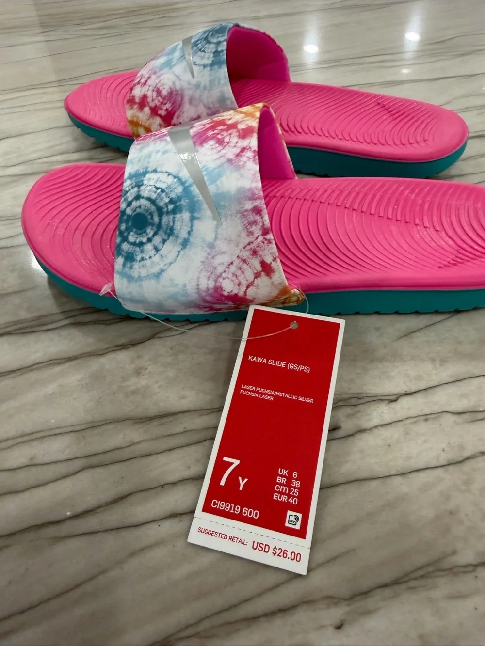 Nike Kawa Tie Dye Slides Laser Fuchsia Pink Teal Girls Youth Size 7Y NWT